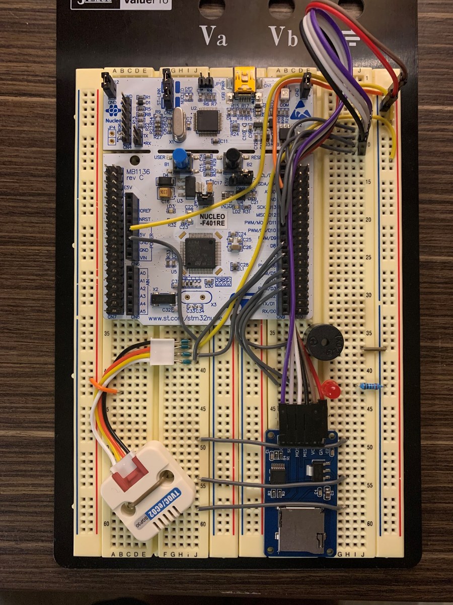 STM32 Nucleo, CO2 sensor, buzzer and SD card reader on a breadboard