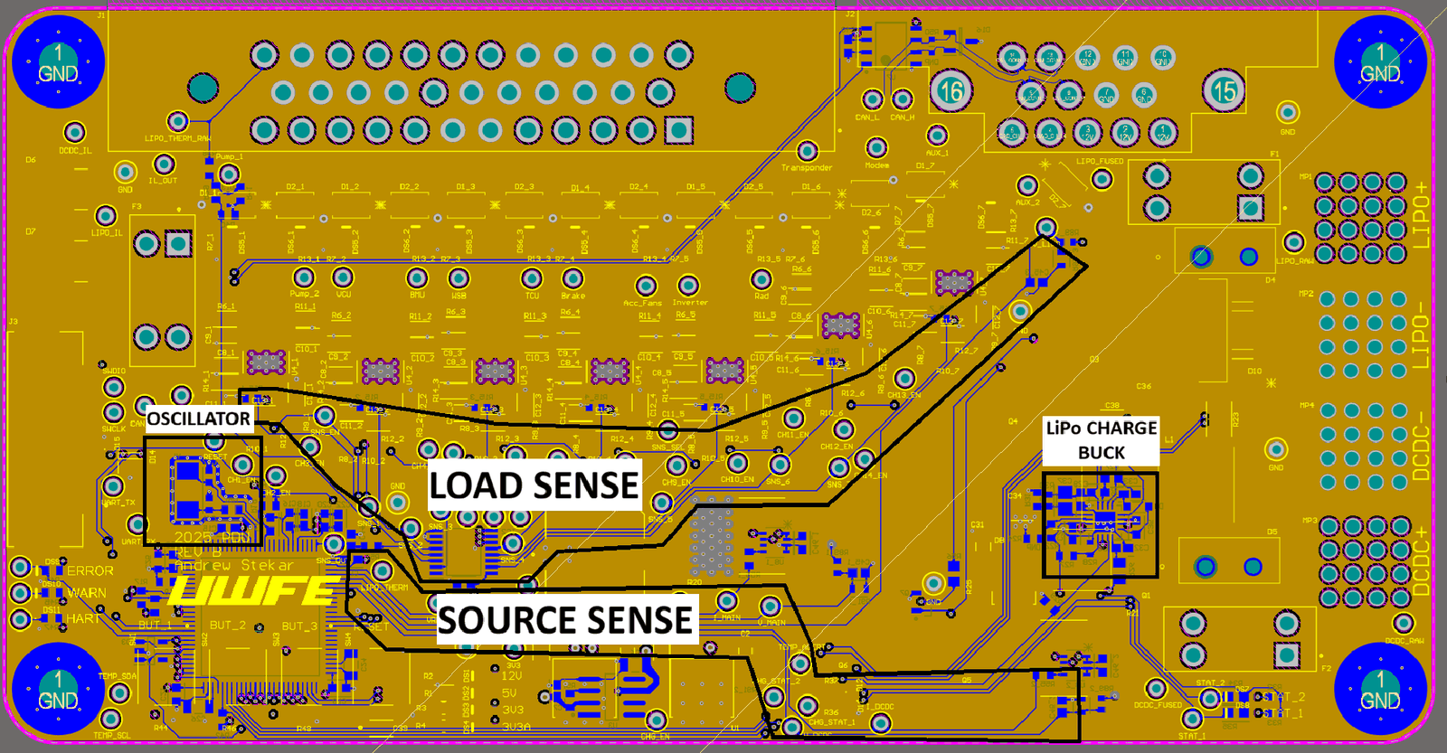 Bottom layer: all analog, oscillator and LiPo charge buck